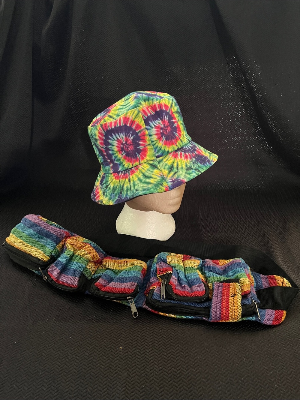 Nepal Rainbow Boho Fanny Pack & Bucket Hat Festival Bundle – Cotton Hippie Set